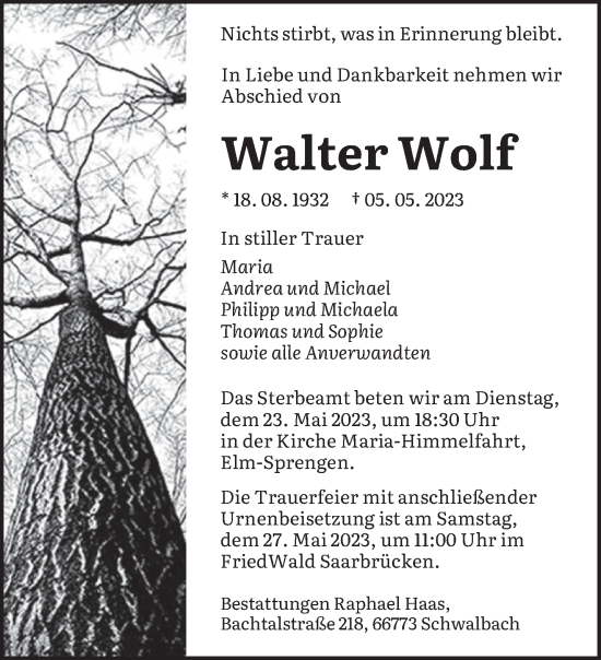 Todesanzeige von Walter Wolf von saarbruecker_zeitung