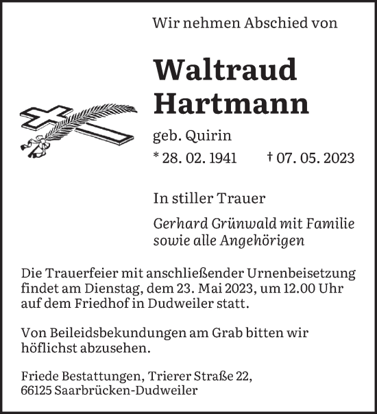 Todesanzeige von Waltraud Hartmann von saarbruecker_zeitung