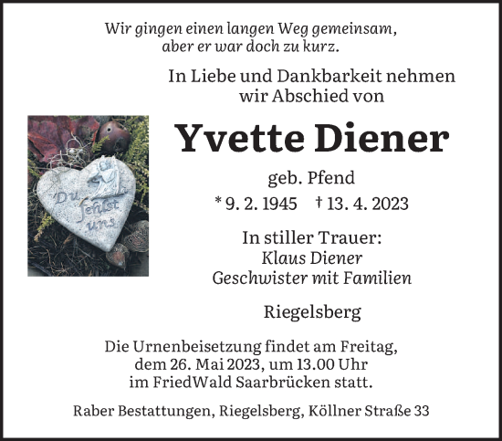 Todesanzeige von Yvette Diener von saarbruecker_zeitung