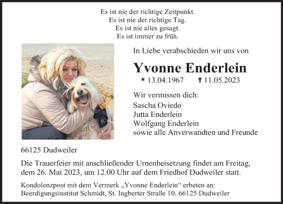 Todesanzeige von Yvonne Enderlein von saarbruecker_zeitung