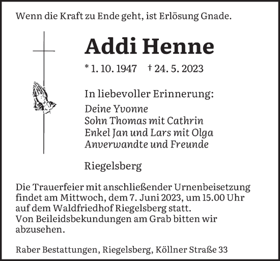 Todesanzeige von Addi Henne von saarbruecker_zeitung