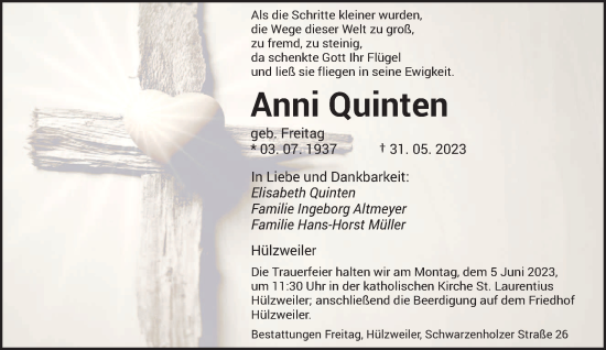 Todesanzeige von Anni Quinten von saarbruecker_zeitung