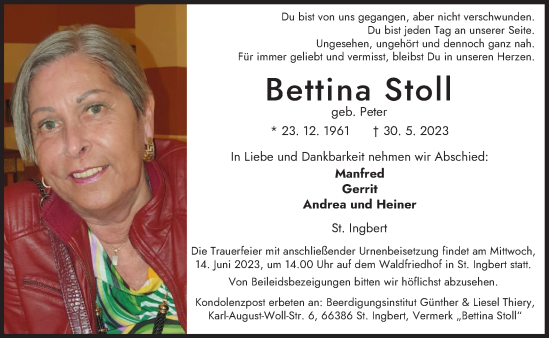 Todesanzeige von Bettina Stoll von saarbruecker_zeitung