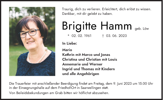 Todesanzeige von Brigitte Hamm von saarbruecker_zeitung