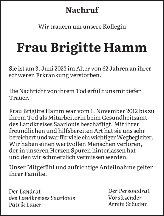 Todesanzeige von Brigitte Hamm von saarbruecker_zeitung