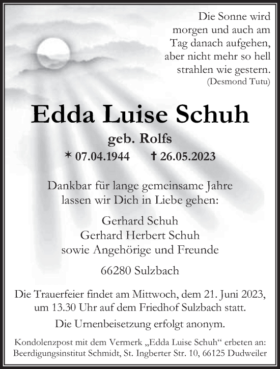 Todesanzeige von Edda Luise Schuh von saarbruecker_zeitung