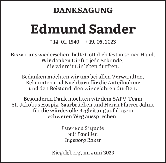 Todesanzeige von Edmund Sander von saarbruecker_zeitung