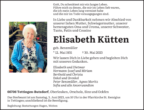 Todesanzeige von Elisabeth Kütten von saarbruecker_zeitung