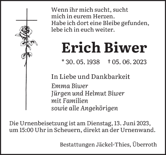Todesanzeige von Erich Biwer von saarbruecker_zeitung