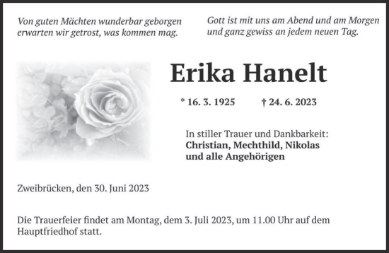 Todesanzeige von Erika Hanelt von saarbruecker_zeitung