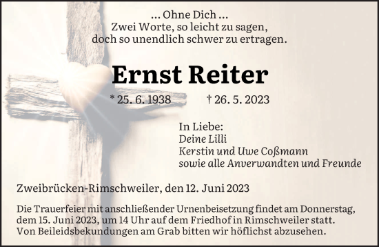 Todesanzeige von Ernst Reiter von saarbruecker_zeitung