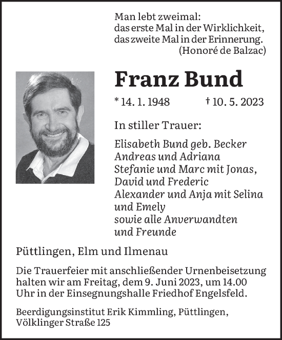 Todesanzeige von Franz Bund von saarbruecker_zeitung