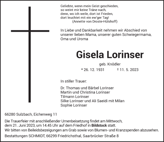 Todesanzeige von Gisela Lorinser von saarbruecker_zeitung