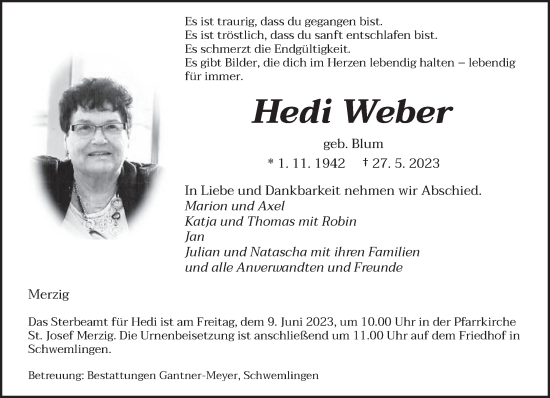 Todesanzeige von Hedi Weber von saarbruecker_zeitung