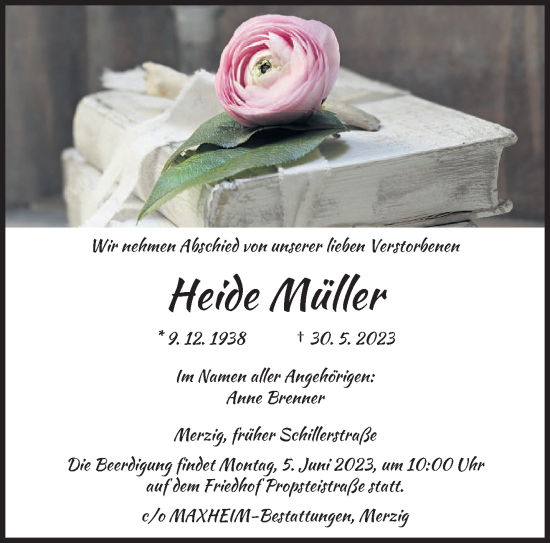 Todesanzeige von Heide Müller von saarbruecker_zeitung