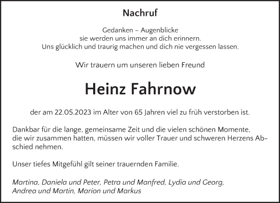 Todesanzeige von Heinz Fahrnow von saarbruecker_zeitung