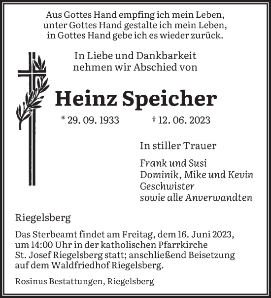 Todesanzeige von Heinz Speicher von saarbruecker_zeitung