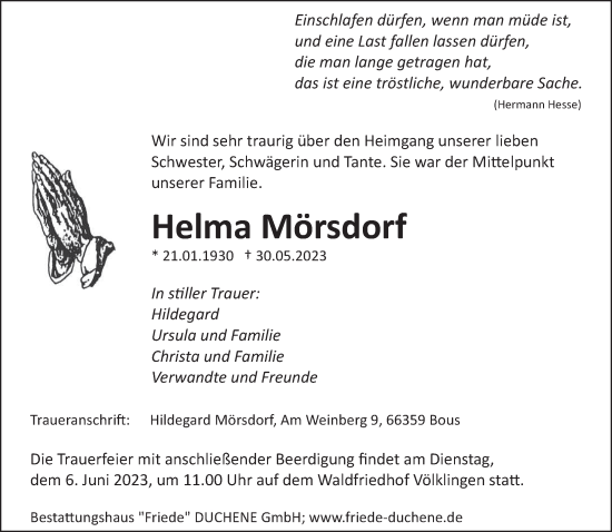 Todesanzeige von Helma Mörsdorf von saarbruecker_zeitung