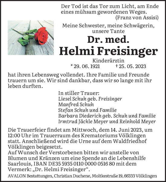 Todesanzeige von Helmi Freisinger von saarbruecker_zeitung