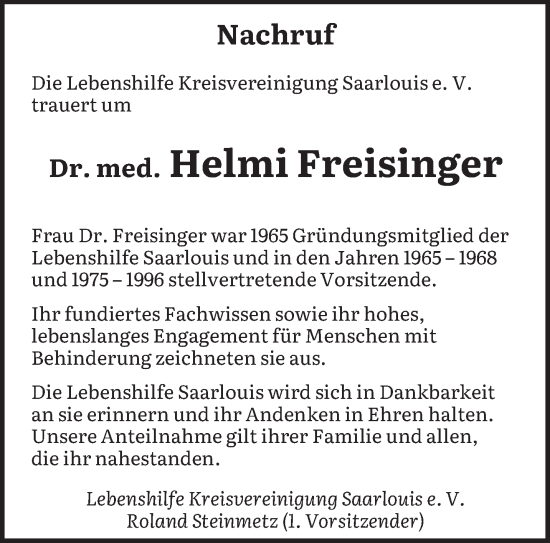Todesanzeige von Helmi Freisinger von saarbruecker_zeitung