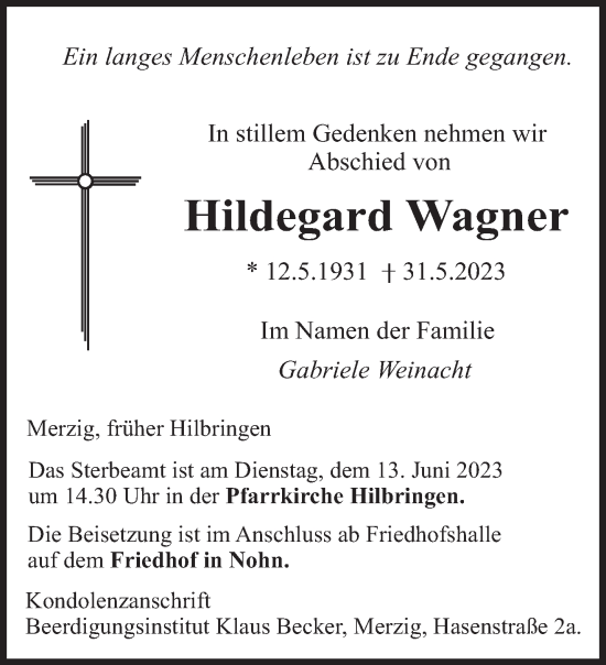 Todesanzeige von Hildegard Wagner von saarbruecker_zeitung