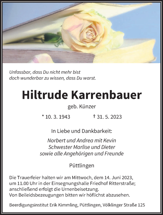 Todesanzeige von Hiltrude Karrenbauer von saarbruecker_zeitung