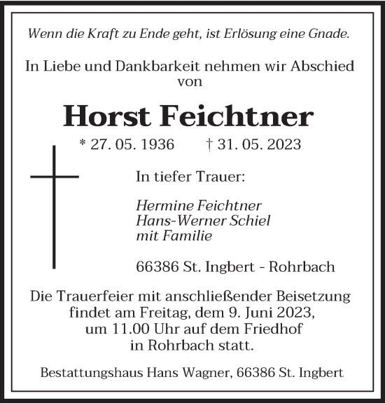 Todesanzeige von Horst Feichtner von saarbruecker_zeitung
