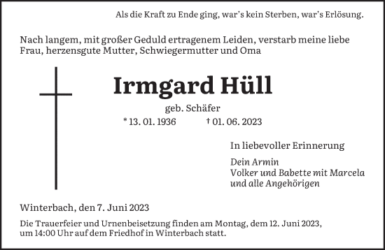 Todesanzeige von Irmgard Hüll von saarbruecker_zeitung