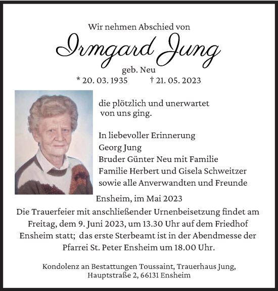 Todesanzeige von Irmgard Jung von saarbruecker_zeitung