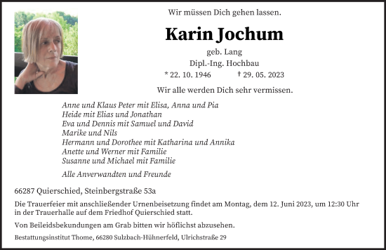 Todesanzeige von Karin Jochum von saarbruecker_zeitung