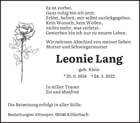 Todesanzeige von Leonie Lang von saarbruecker_zeitung