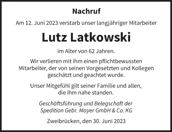 Todesanzeige von Lutz Latkowski von saarbruecker_zeitung