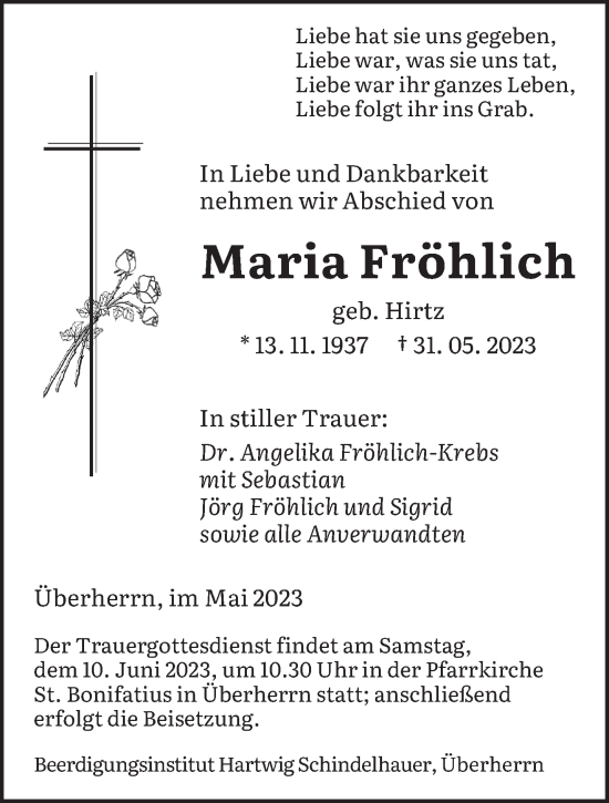 Todesanzeige von Maria Fröhlich von saarbruecker_zeitung