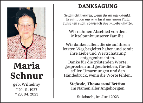 Todesanzeige von Maria Schnur von saarbruecker_zeitung