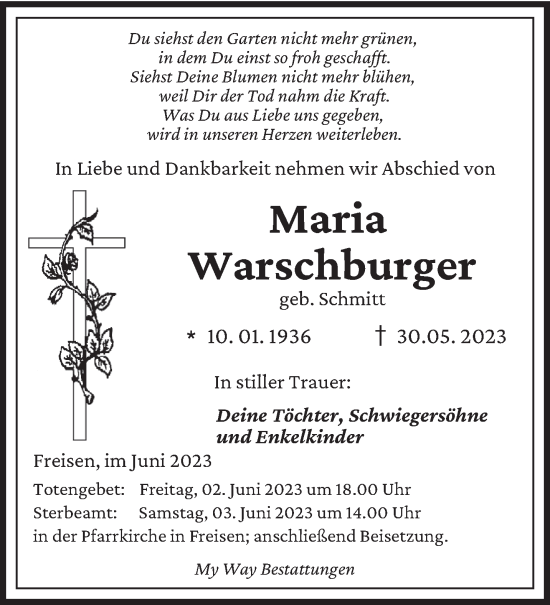 Todesanzeige von Maria Warschburger von saarbruecker_zeitung