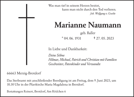 Todesanzeige von Marianne Naumann von saarbruecker_zeitung