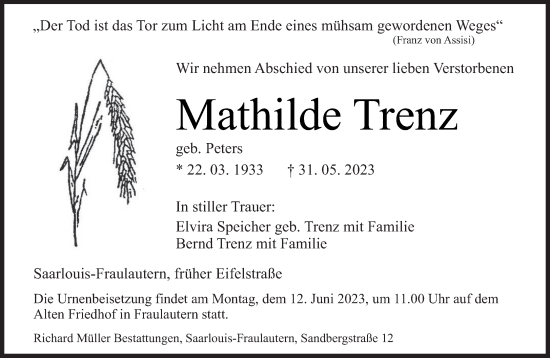 Todesanzeige von Mathilde Trenz von saarbruecker_zeitung