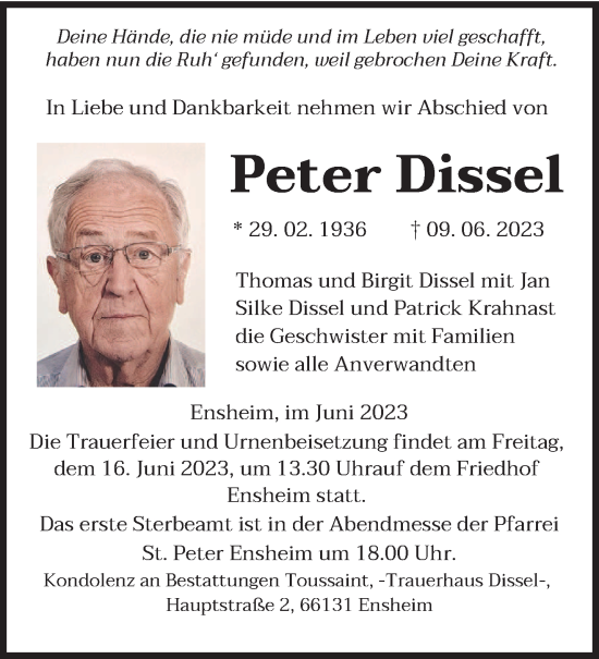Todesanzeige von Peter Dissel von saarbruecker_zeitung