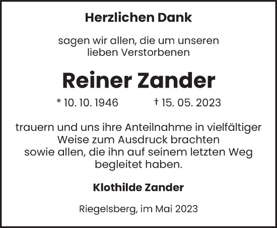 Todesanzeige von Reiner Zander von saarbruecker_zeitung