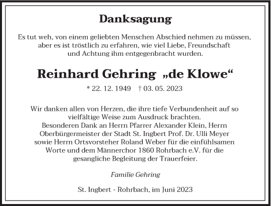 Todesanzeige von Reinhard Gehring von saarbruecker_zeitung