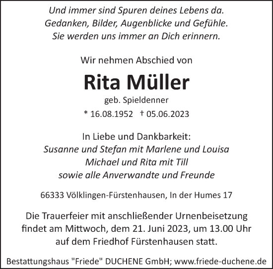 Todesanzeige von Rita Müller von saarbruecker_zeitung