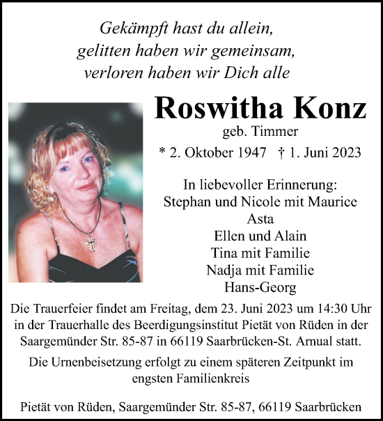 Todesanzeige von Roswitha Konz von saarbruecker_zeitung