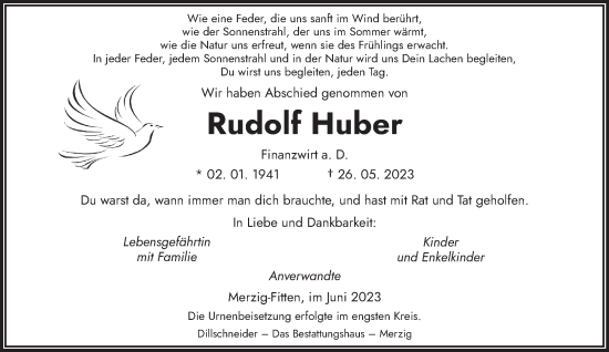 Todesanzeige von Rudolf Huber von saarbruecker_zeitung