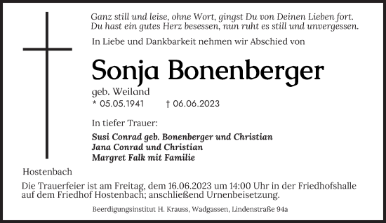 Todesanzeige von Sonja Bonenberger von saarbruecker_zeitung