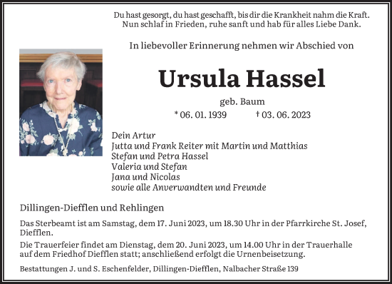 Todesanzeige von Ursula Hassel von saarbruecker_zeitung