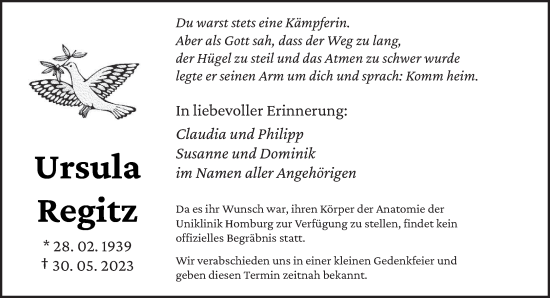 Todesanzeige von Ursula Regitz von saarbruecker_zeitung