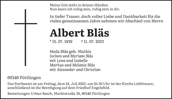 Todesanzeige von Albert Bläs von saarbruecker_zeitung