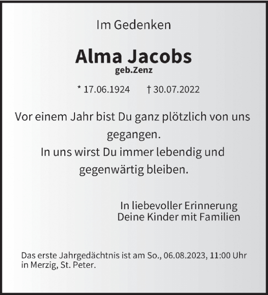 Todesanzeige von Alma Jacobs von saarbruecker_zeitung