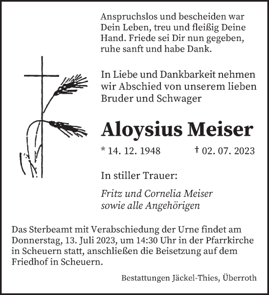 Todesanzeige von Aloysius Meiser von saarbruecker_zeitung