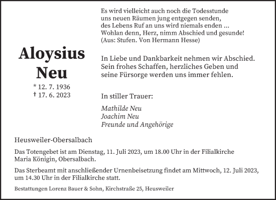 Todesanzeige von Aloysius Neu von saarbruecker_zeitung